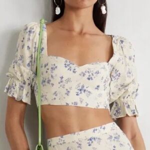 Reformation Fiona Blue and White Floral Crepe Cropped Top